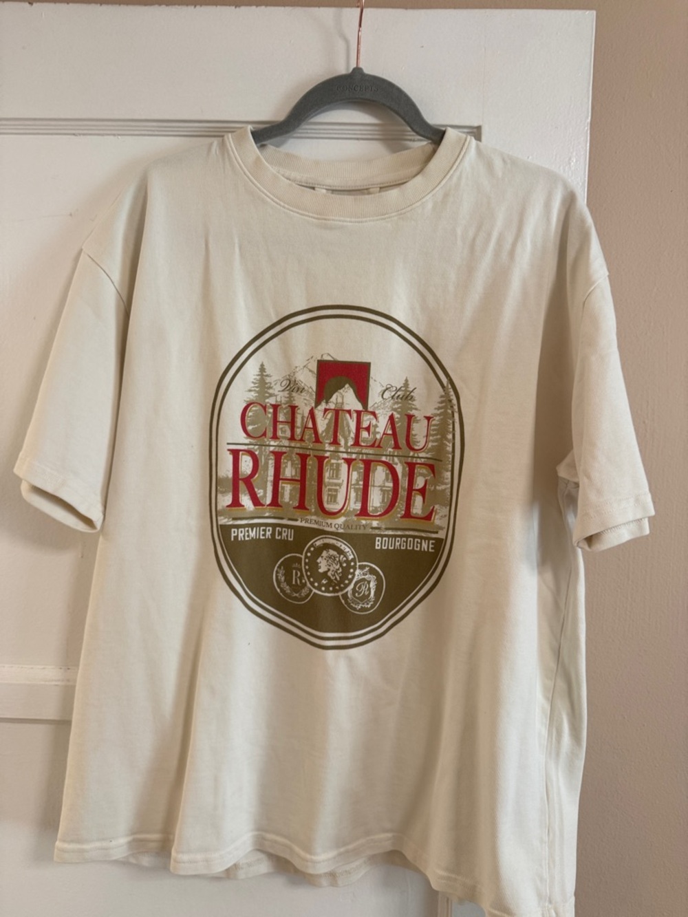 Rhude Cream Short-Sleeve Chateau Graphic Tee with Red Logo